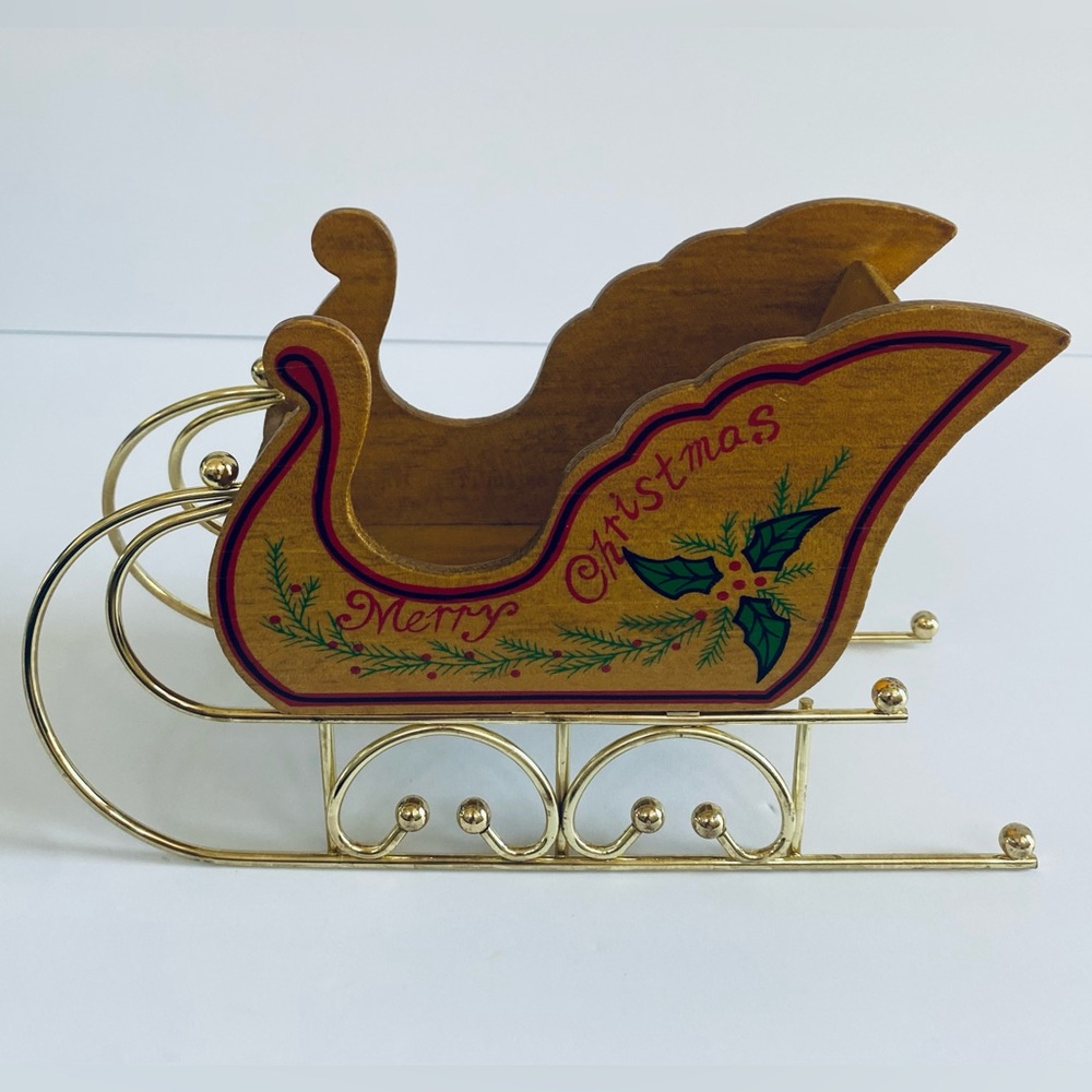 Vintage Hand Painted Wood Christmas Sleigh Holly Leaves Gold Metal Skis 12” 1988